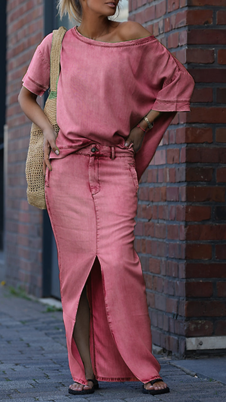 Dámský ležérní džínový oblek z tencelu s kulatým výstřihem