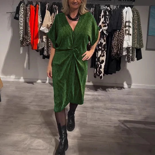 🔥✨Vestido midi elegante com decote em V e glitter para mulher