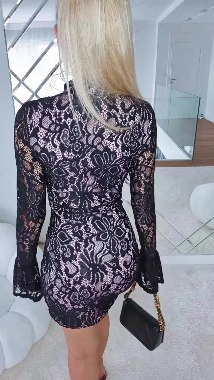 Dámské krajkové šaty s prolamovaným vzorem a vysokým límcem