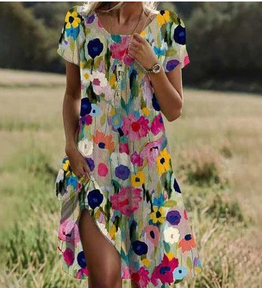 Barevné potištěné šaty s výstřihem