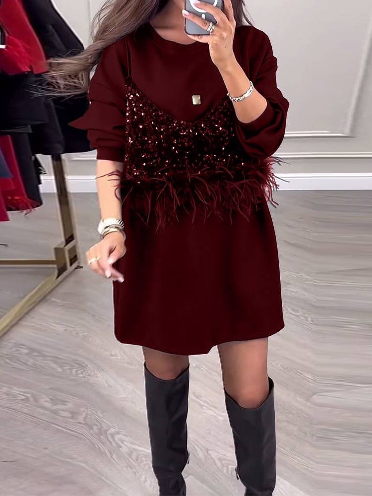 Elegantní patchworkové šaty s kulatým výstřihem 2024