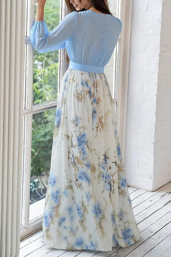 Elegantní dlouhé šaty s květinovým potiskem, výstřihem do V a dlouhými rukávy