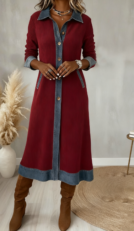 Ležérní manšestrové midi šaty s džínovým patchworkem a áčkovým střihem