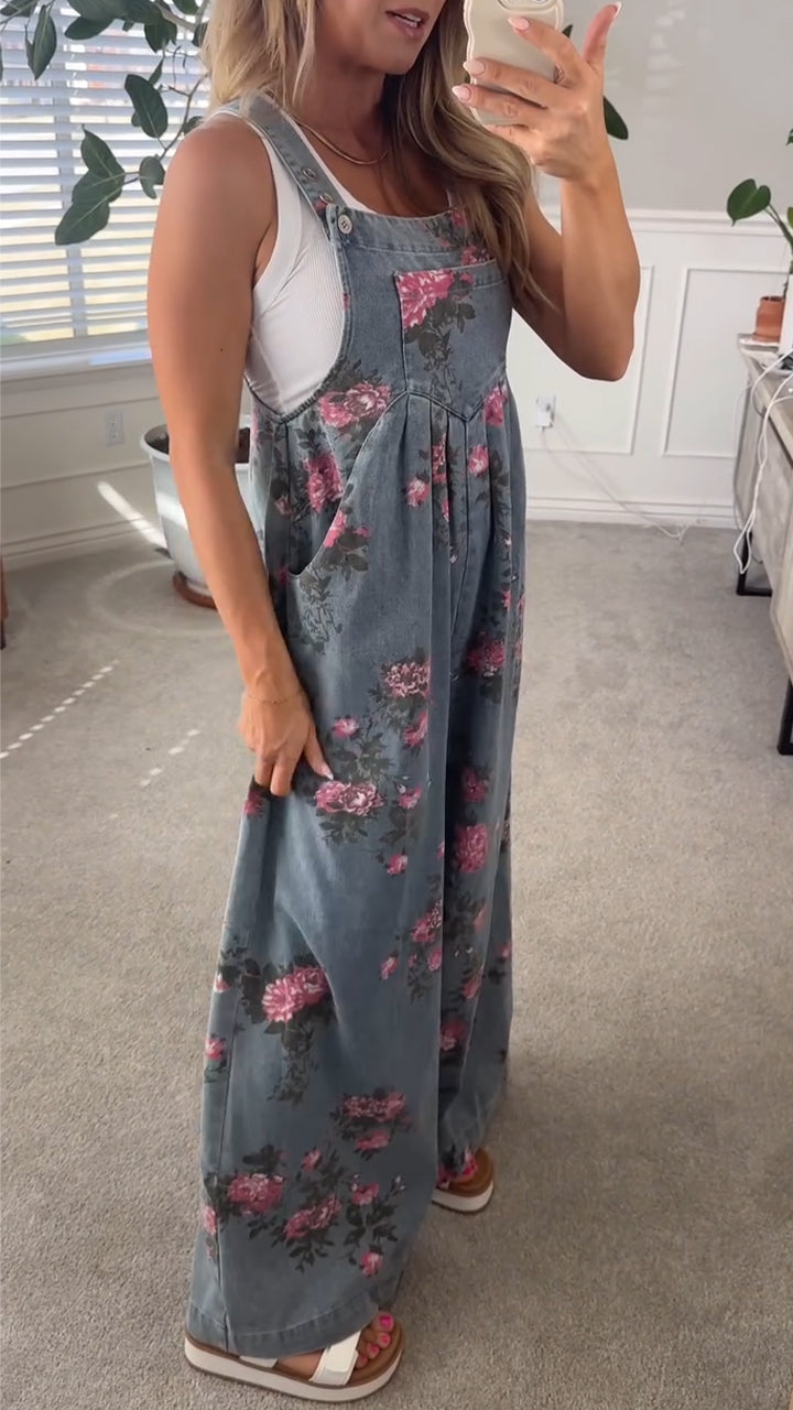 Dámský letní ležérní džínový overal s potiskem a kapsami