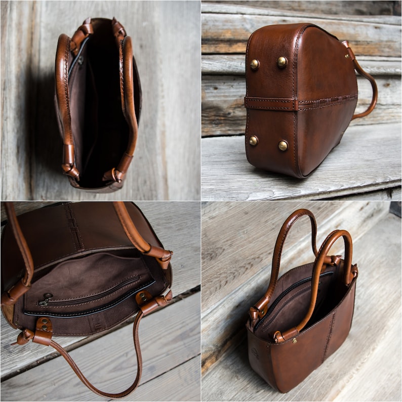 Kožená taška přes rameno, ručně šitá, hnědá