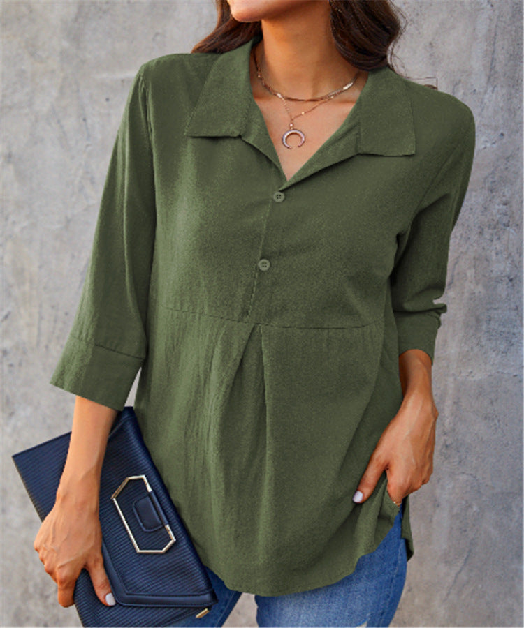2022 Cotton And Linen Solid Color Lapel Slit Dovetail Three-quarter Sleeve Women’s Shirt