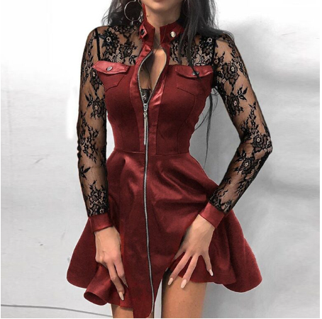 Zimní PU kožené šaty se stojáčkem na zip, elegantní