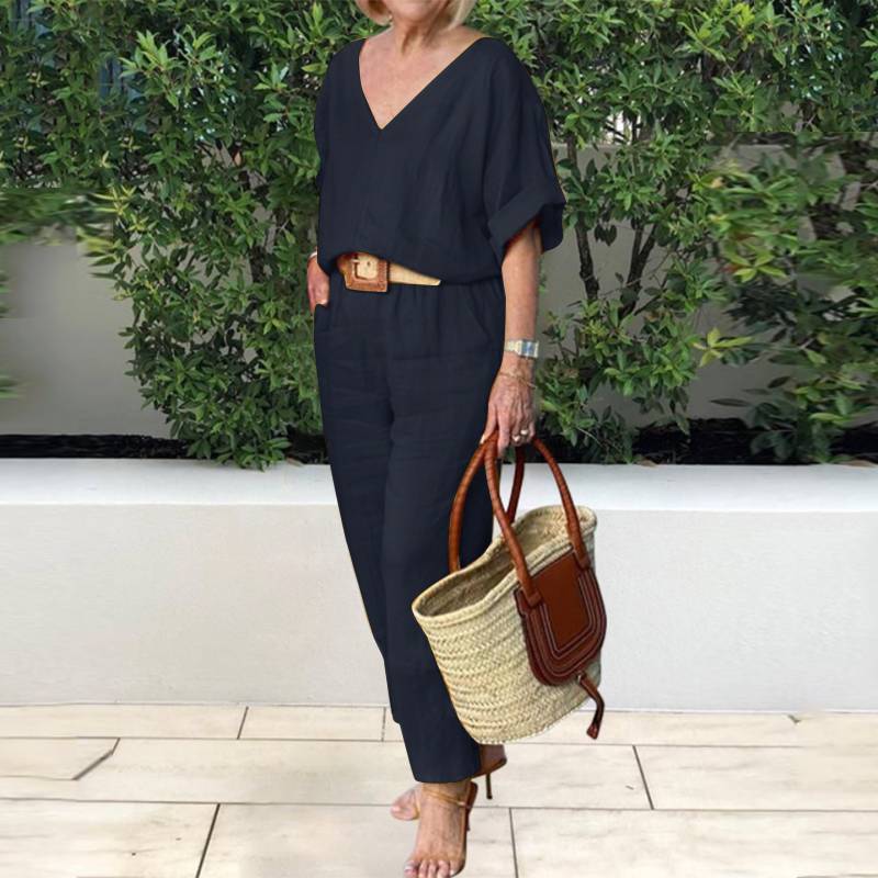 2024 jarní dámský bavlněný a lněný oblek s výstřihem do V
