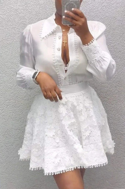 Dámská elegantní souprava košile s dlouhým rukávem a krajkové sukně