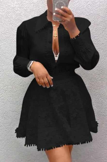 Dámská elegantní souprava košile s dlouhým rukávem a krajkové sukně