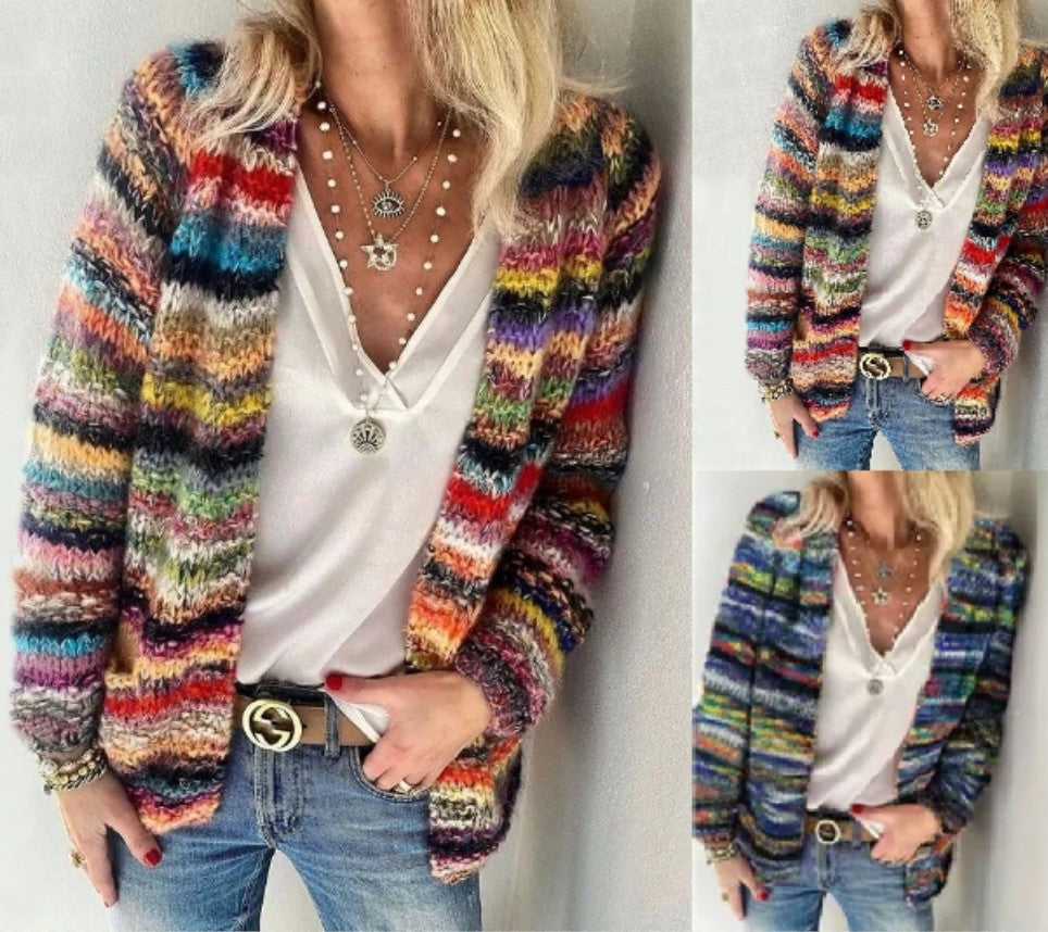 Barevný blokový pletený kardigan pro volný čas