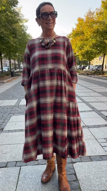 💥🔥👗【S-5XL】Retro kostkované volné šaty s tříčtvrtečním rukávem