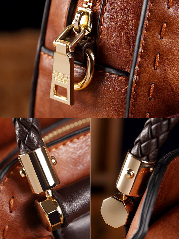 Vintage kožené kabelky kulatého tvaru se střapci. Taška přes rameno