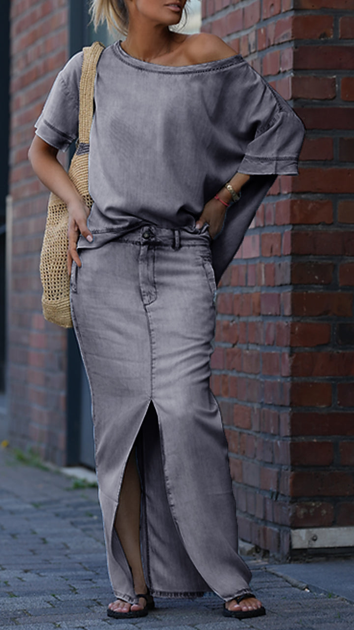 Dámský ležérní džínový oblek z tencelu s kulatým výstřihem