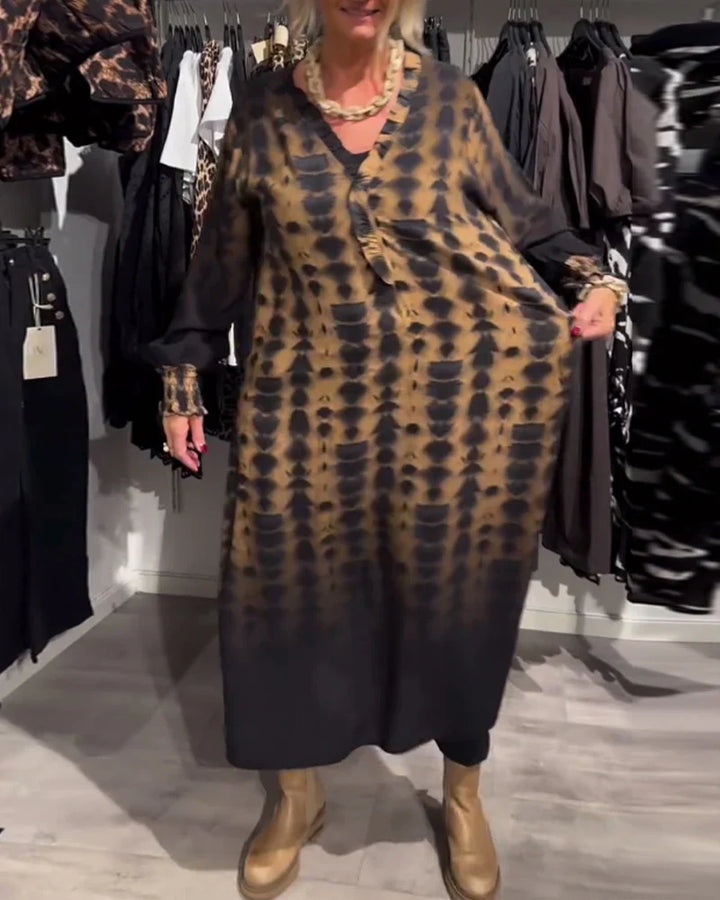 Šaty gradientu s dlouhým rukávem a výstřihem do V