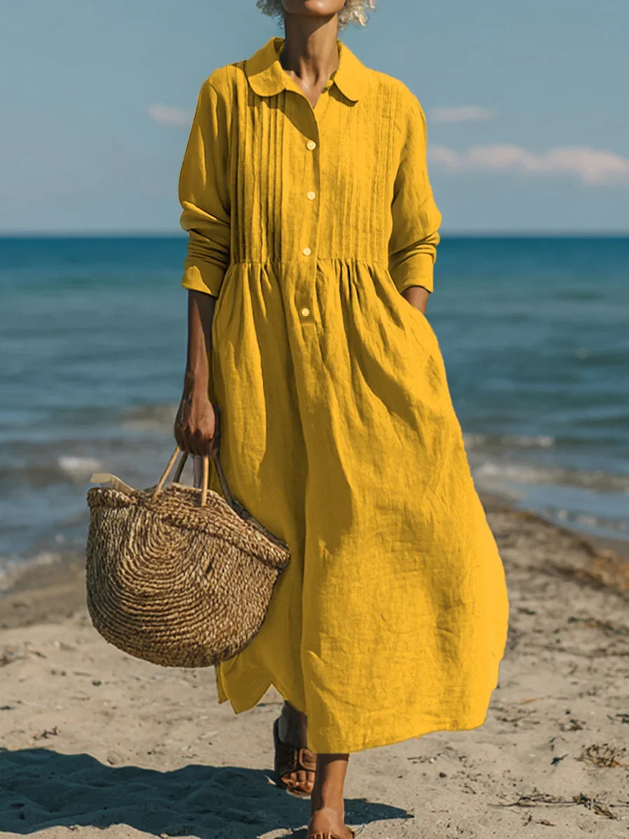 Dámské ležérní šaty ze lnu a bavlny s plisovanou kapsou