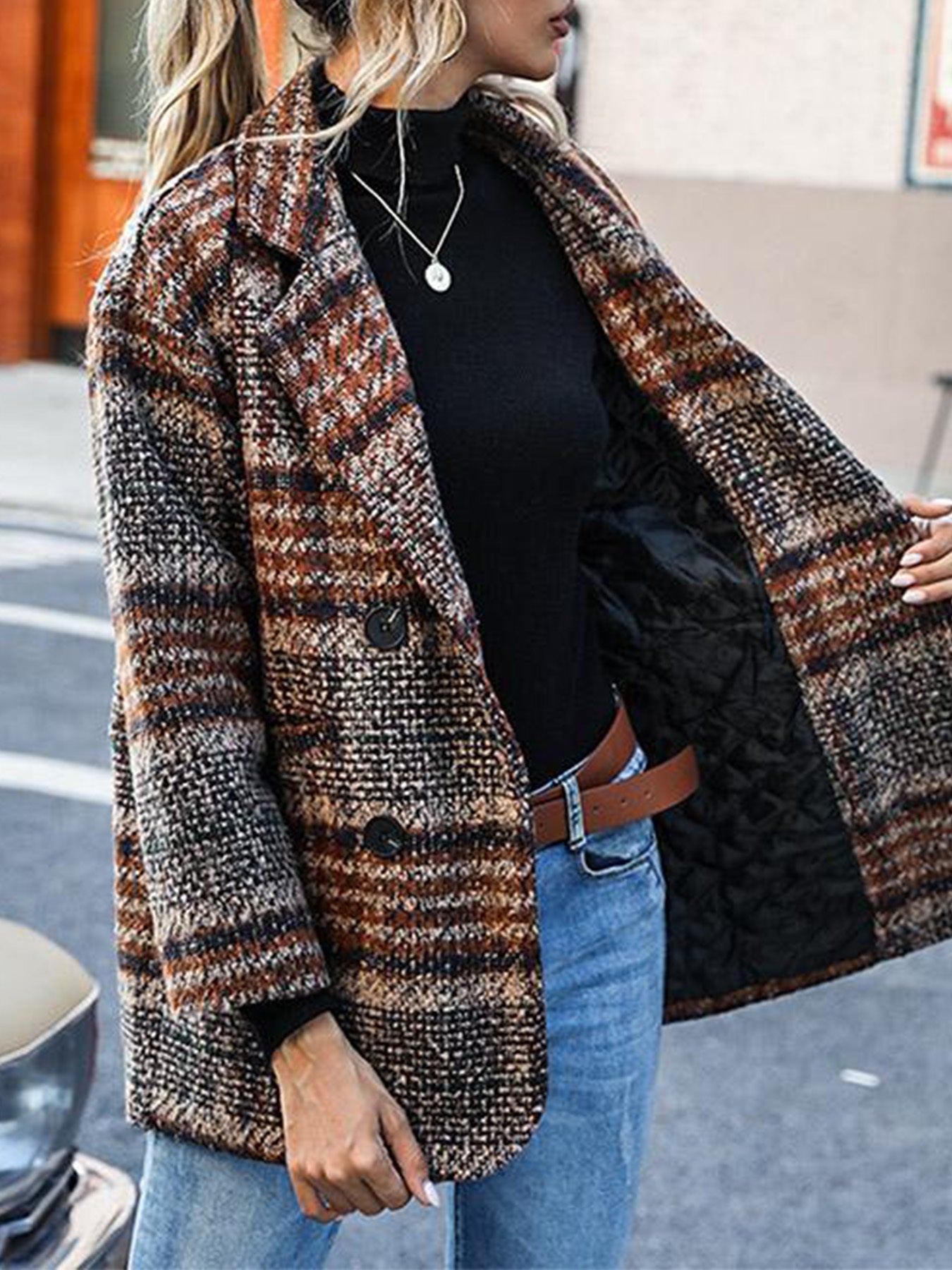 🔥 Dámská kostkovaná podzimní a zimní bunda s klopou a dlouhým rukávem z čisté bavlny