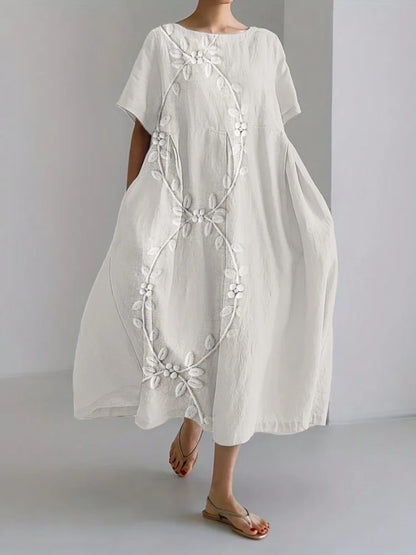 Elegantní maxi šaty ze směsi lnu a vyšívané vinnou révou