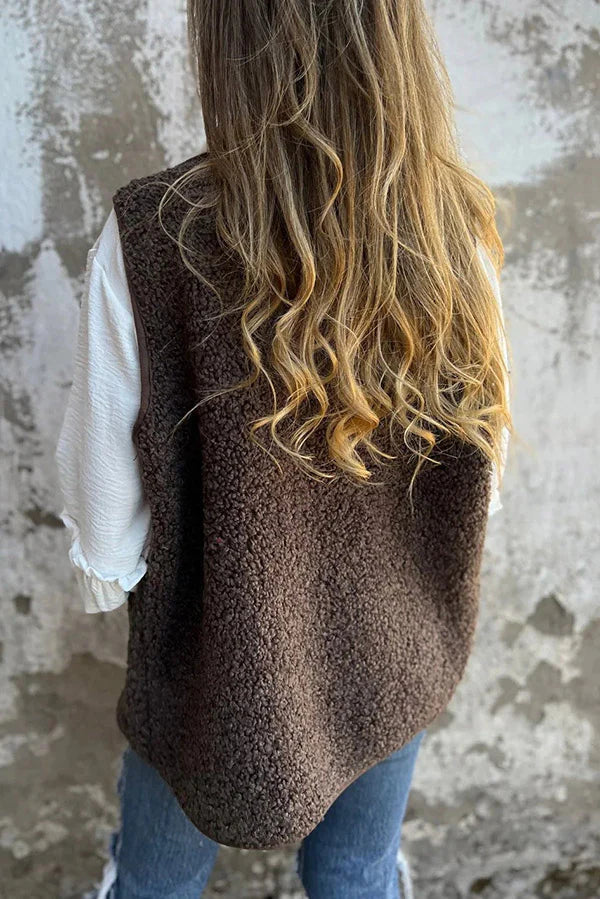 Jednobarevná polar fleecová vesta bez rukávů s kapsami na knoflíky