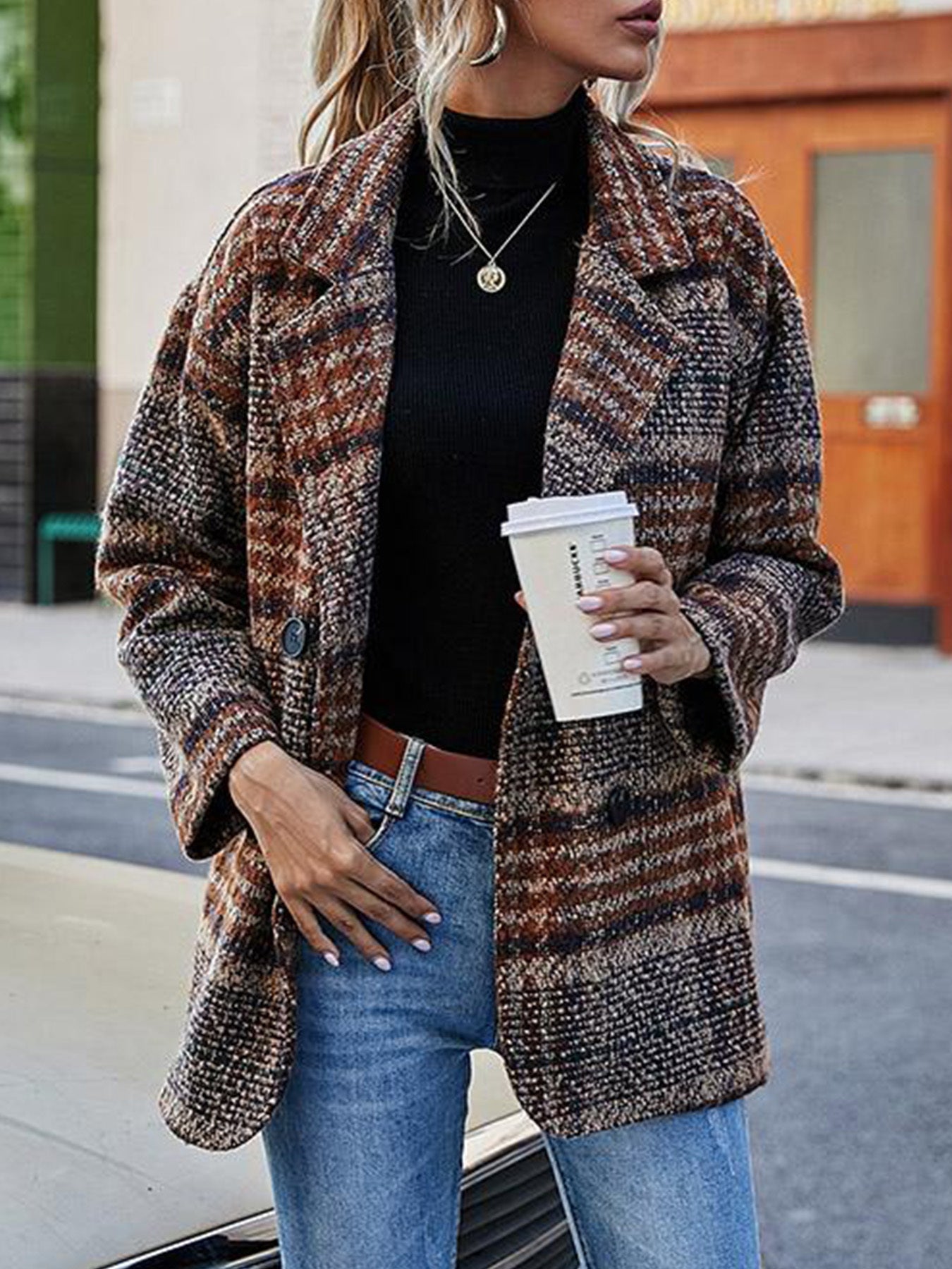 🔥 Dámská kostkovaná podzimní a zimní bunda s klopou a dlouhým rukávem z čisté bavlny