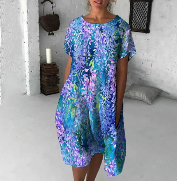 Neformální midi šaty s květinovým potiskem, kulatý výstřih, krátké rukávy