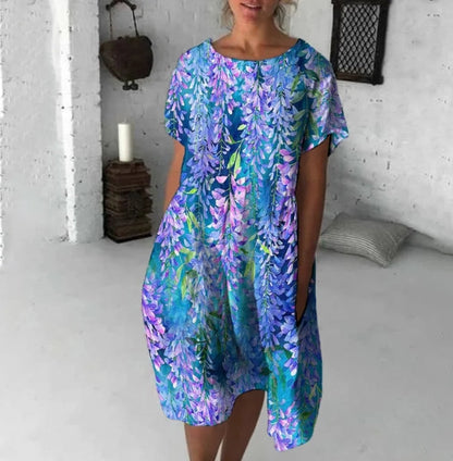 Neformální midi šaty s květinovým potiskem, kulatý výstřih, krátké rukávy