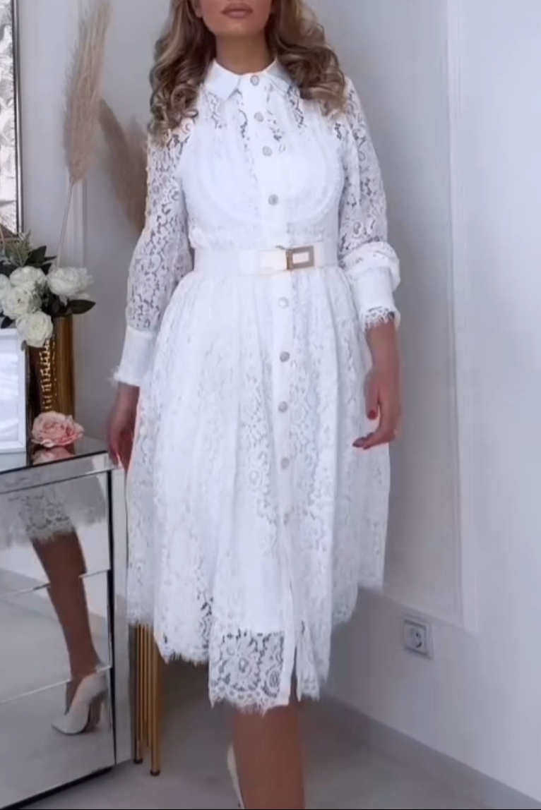 Dámské elegantní jednobarevné krajkové šaty s dlouhým rukávem