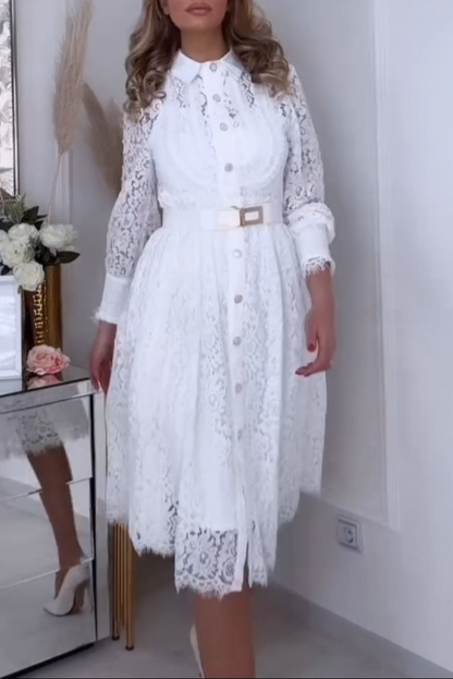 Dámské elegantní jednobarevné krajkové šaty s dlouhým rukávem