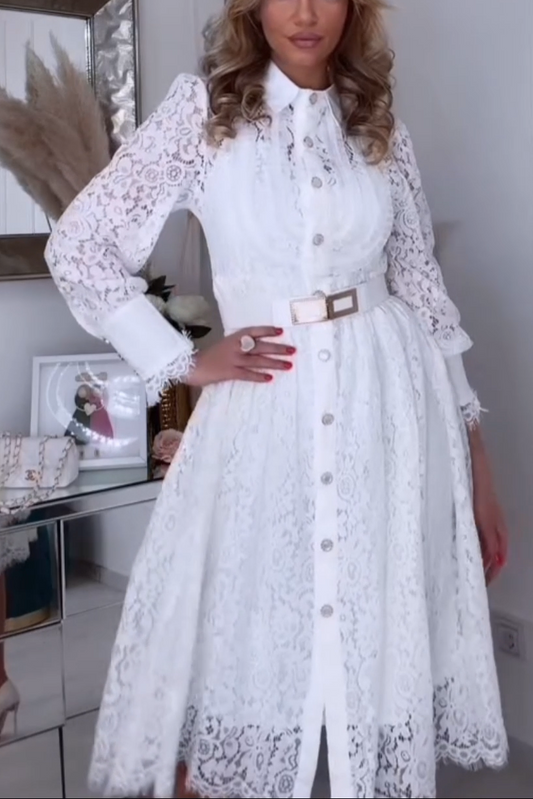 Dámské elegantní jednobarevné krajkové šaty s dlouhým rukávem