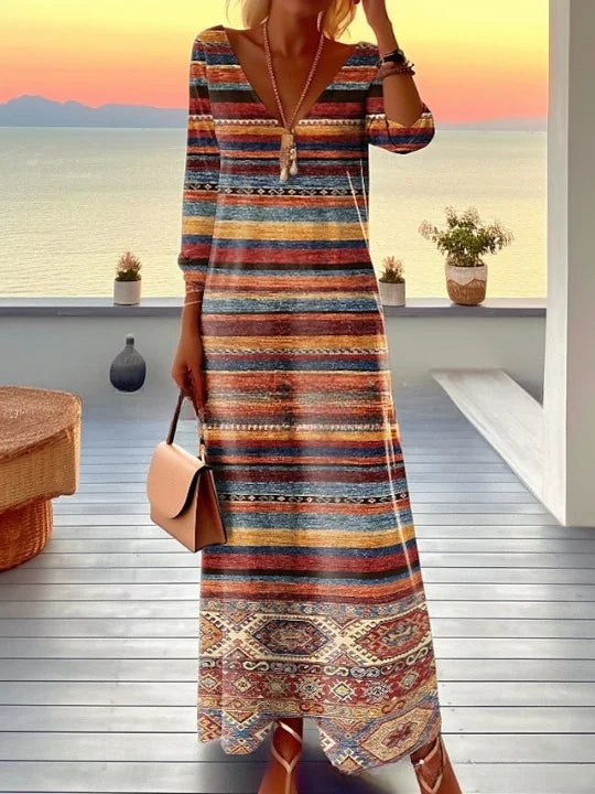 Dámské vintage dlouhé pruhované šaty s dlouhým límcem a dlouhým rukávem pro každodenní nošení