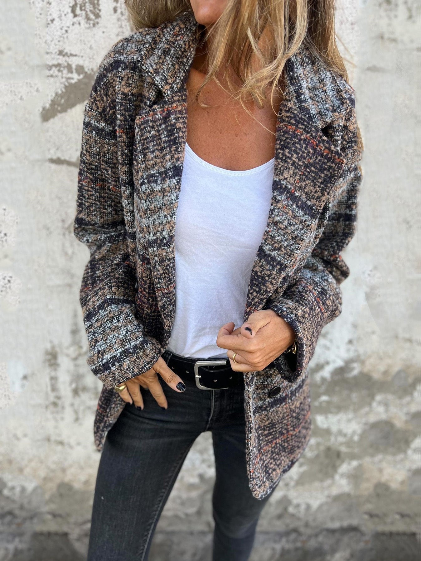 🔥 Dámská kostkovaná podzimní a zimní bunda s klopou a dlouhým rukávem z čisté bavlny