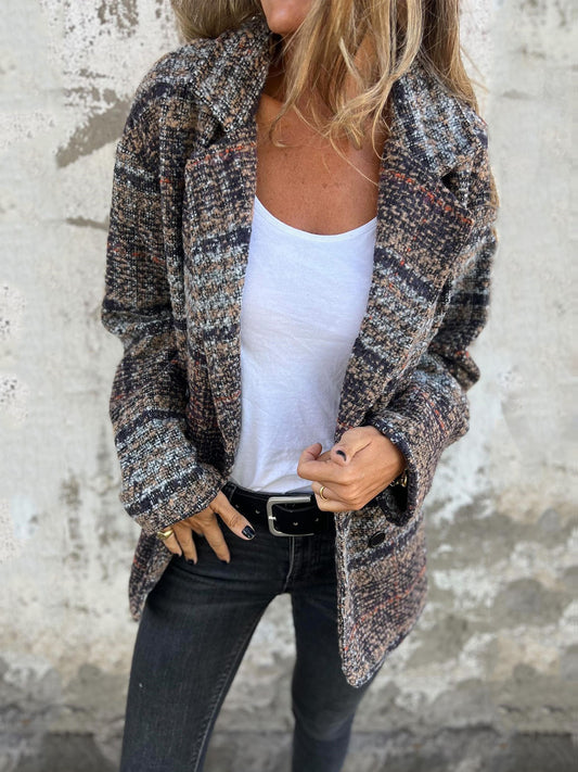 🔥 Dámská kostkovaná podzimní a zimní bunda s klopou a dlouhým rukávem z čisté bavlny