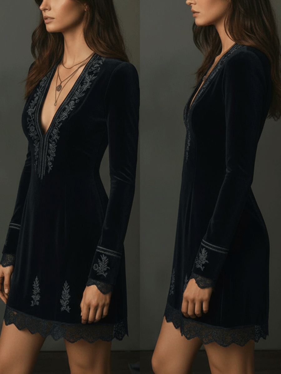 Vintage černé sametové šaty s výšivkou a krajkovými detaily