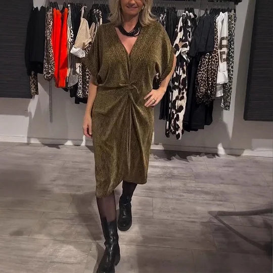 🔥✨Vestido midi elegante com decote em V e glitter para mulher