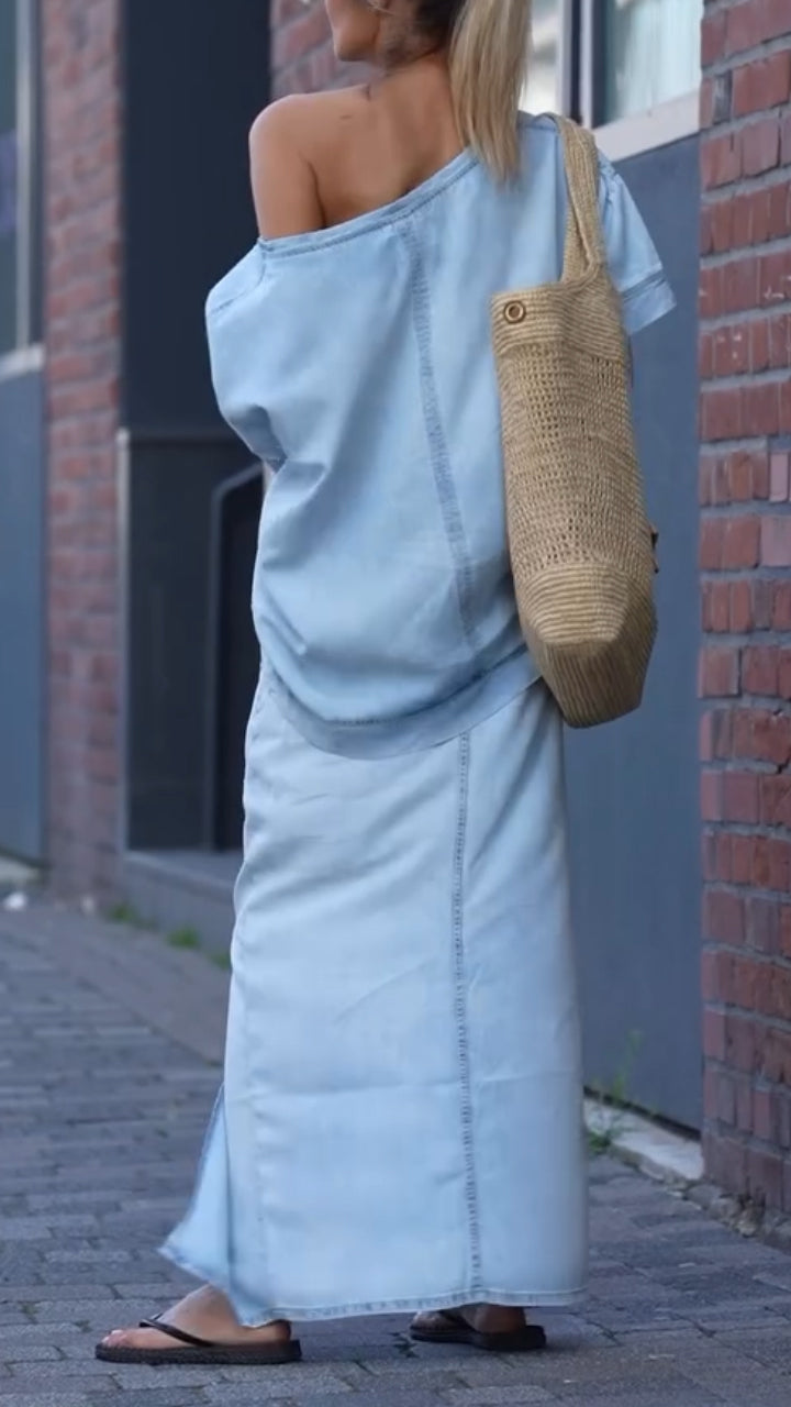 Dámský ležérní džínový oblek z tencelu s kulatým výstřihem