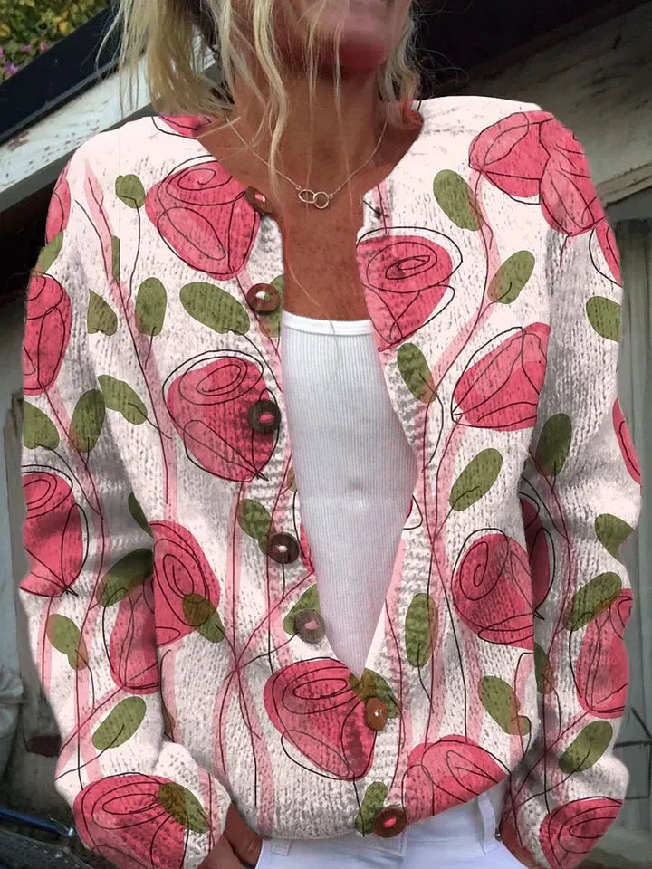 Kardigan s knoflíky a potiskem růžových růží
