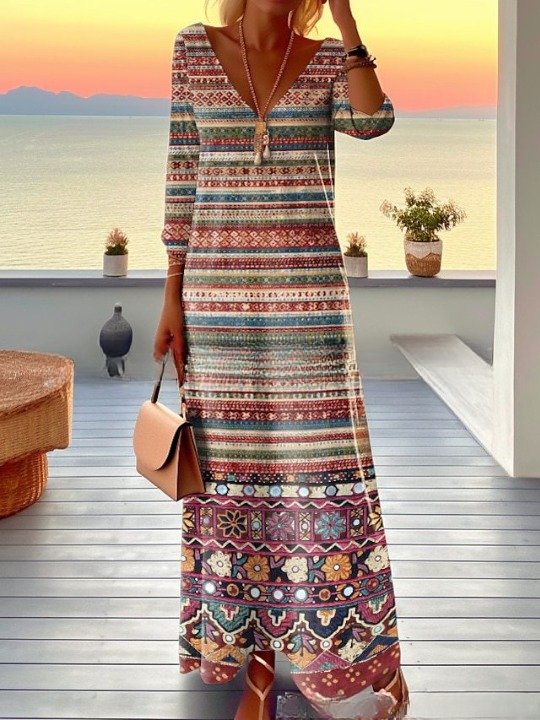 Dámské vintage dlouhé pruhované šaty s dlouhým límcem a dlouhým rukávem pro každodenní nošení