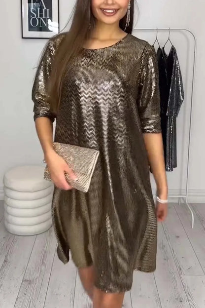 Dámské ležérní lesklé šaty s dlouhým rukávem