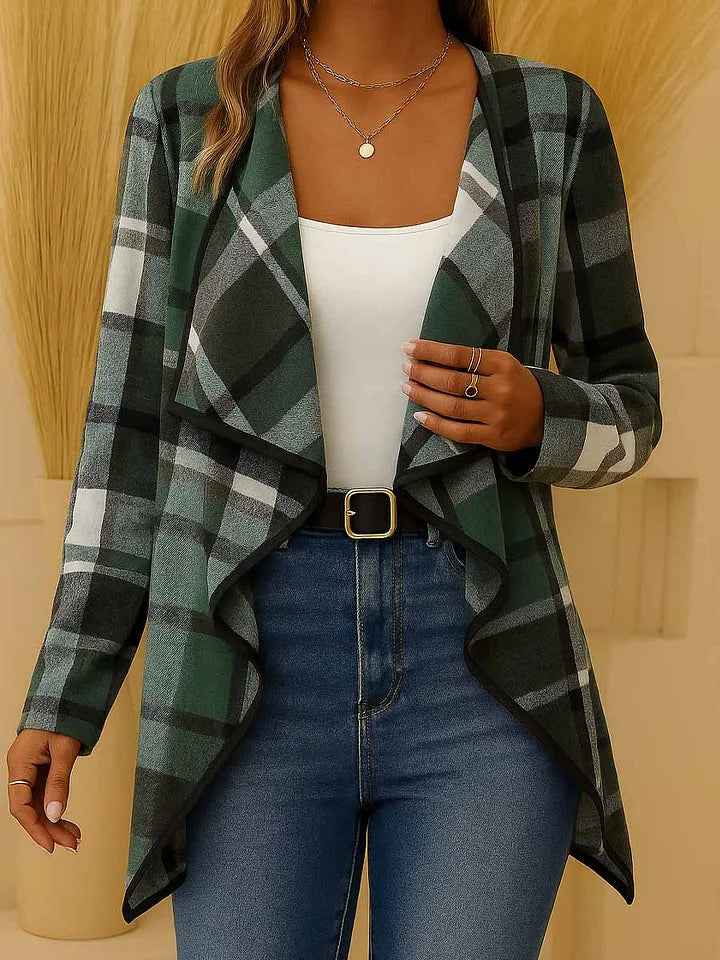 Dámský ležérní volný kostkovaný kardigan s dlouhým rukávem