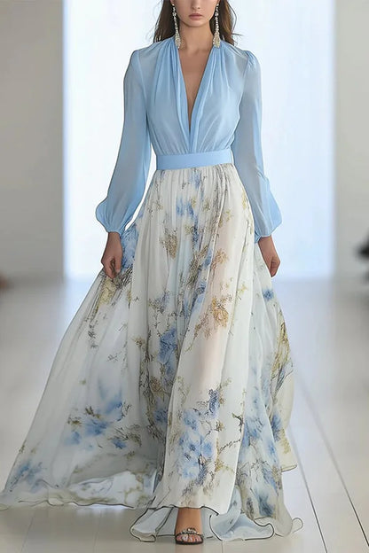 Elegantní dlouhé šaty s květinovým potiskem, výstřihem do V a dlouhými rukávy