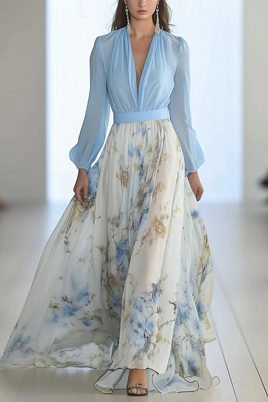 Elegantní dlouhé šaty s květinovým potiskem, výstřihem do V a dlouhými rukávy