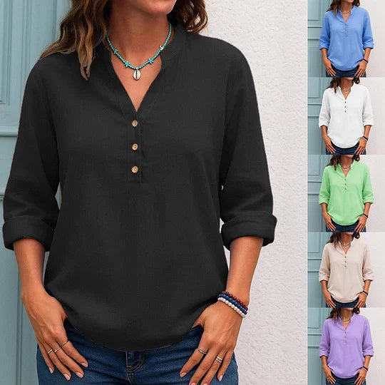 Dámská ležérní halenka s výstřihem do V a zapínáním na knoflíky