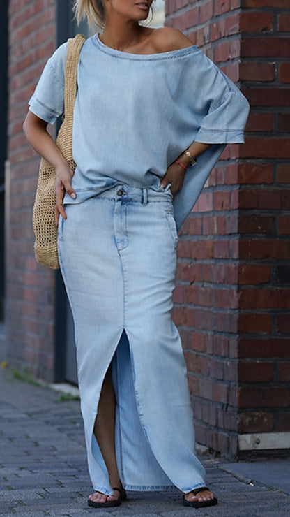 Dámský ležérní džínový oblek z tencelu s kulatým výstřihem