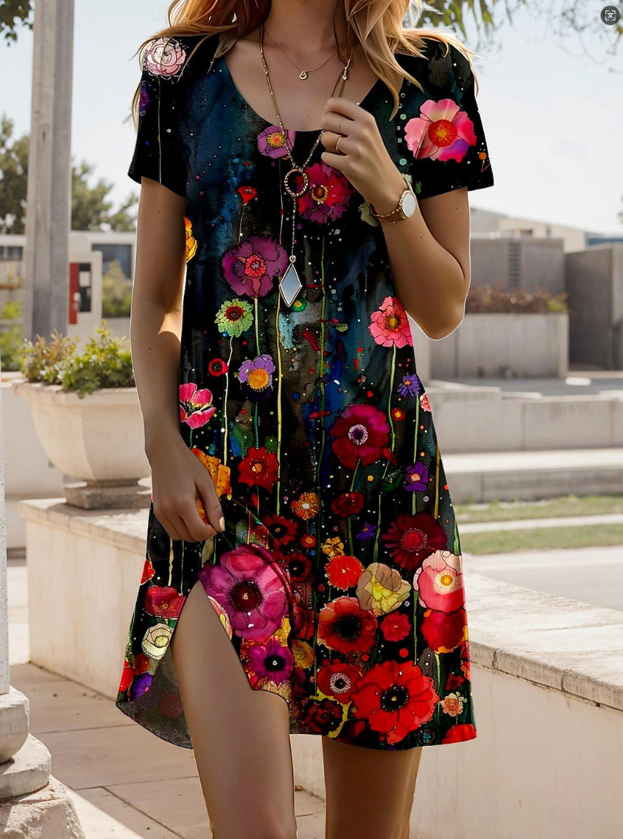 Šaty s potiskem, kulatým výstřihem a krátkými rukávy