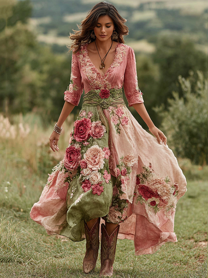 Dámské vintage květinové dlouhé šaty s výstřihem do V ze směsi lnu, model 2025