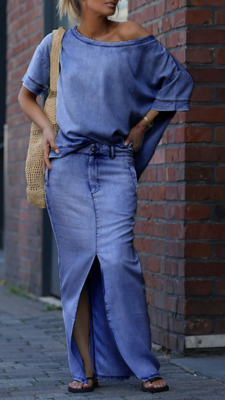 Dámský ležérní džínový oblek z tencelu s kulatým výstřihem