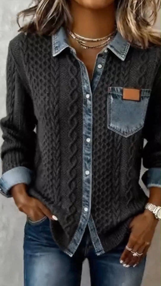 Dámská ručně pletená košile s džínovými detaily - tmavě šedá, ležérní styl, s knoflíky.