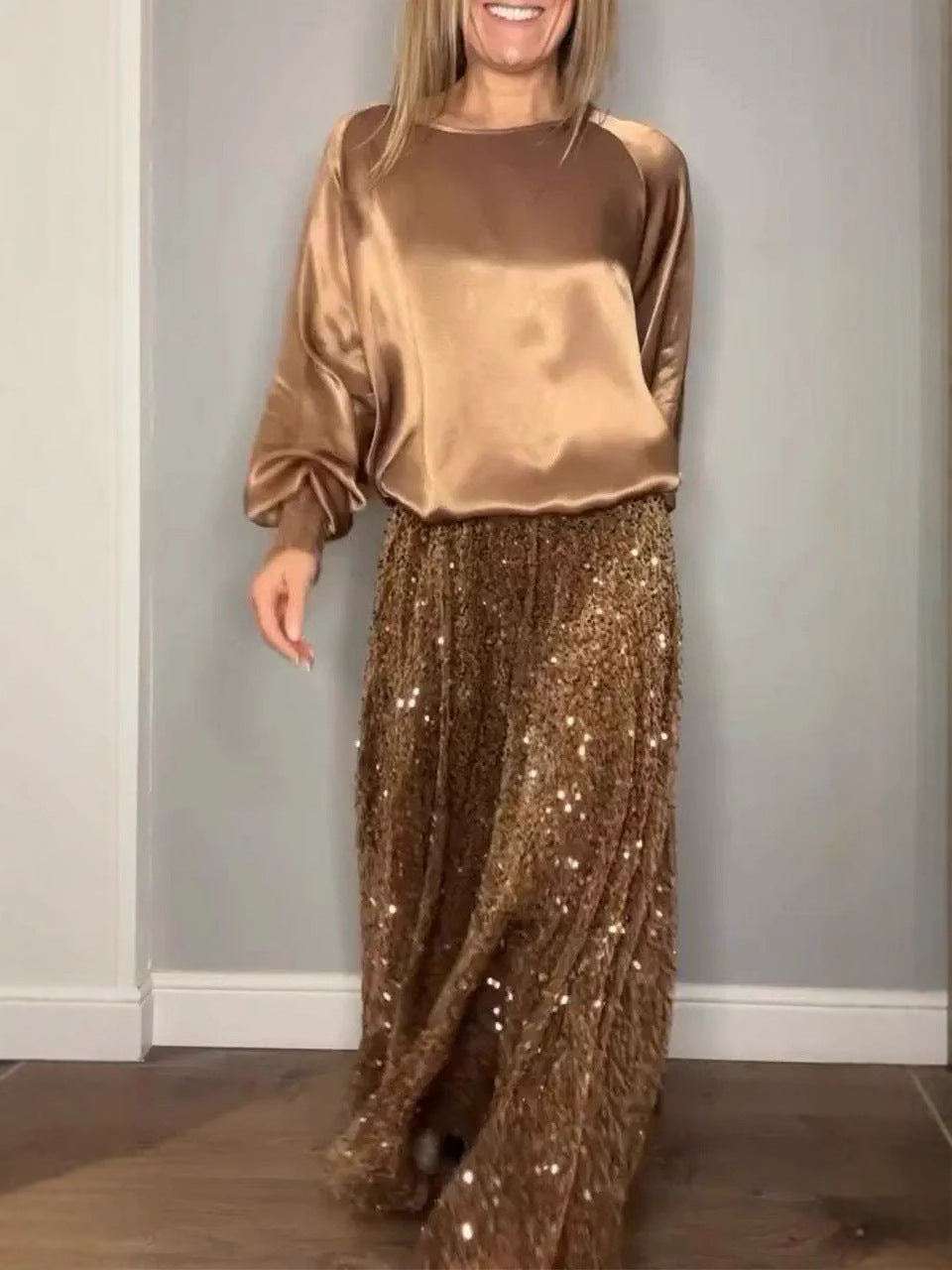 🎄✨Dívčí dvoudílná souprava s topem s dlouhým rukávem a dlouhou flitrovou sukní