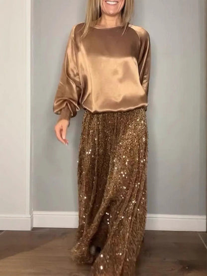 🎄✨Dívčí dvoudílná souprava s topem s dlouhým rukávem a dlouhou flitrovou sukní