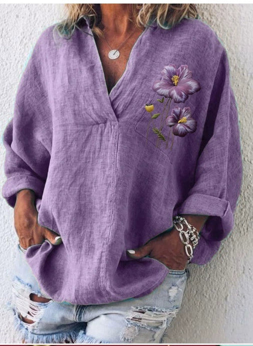 Dámská neformální košile s výstřihem do V a květinovým motivem